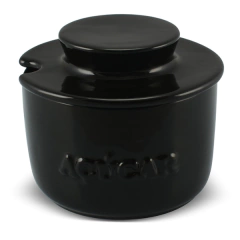 Açucareiro de cerâmica preto com tampa, ideal para mesa de café.