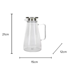 uma jarra de vidro com tampa de inox e suas medidas correspondentes