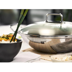 frihideira redonda aço inox com alças e tampa com pegador estilo industrial alça