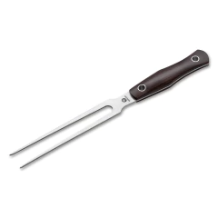 um garfo para churrasco, com dentes longos de aço inox e pontiagudos, com um cabo de grnadilla
