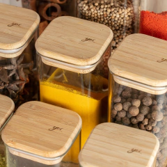 Pote Porta Tempero Quadrado Vika De Vidro C/Tampa De Bambu 220ml YOI - Manufakt