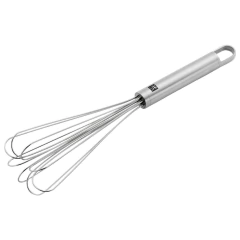 fouet de aço inox com alça para pendurar e gravada com a marca