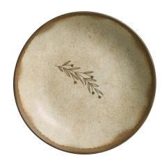 prato fundo marrom claro com um desenho de galho e borda marrom escuro