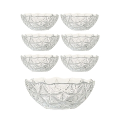 Conjunto de 7 peças de sobremesa, incluindo uma saladeira de 2,54L da marca Estrella Pasabahçe, com design em cristal transparente e textura decorativa.