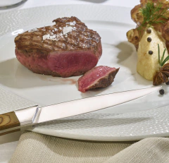 um pedaço de carne de churrasco com detalhe da lâmina de aço japones da faca Legnoart, importada da itália