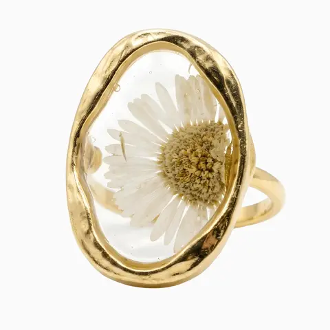 Anel Mini Margarida Natural em Resina | Formato Oval | Banhado a Ouro 18k - Carla Visintini Biojoias