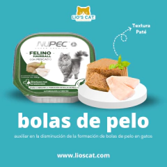 Lata de alimento húmedo Nupec Felino Hairball de 100g con textura paté y pescado, diseñada para gatos.