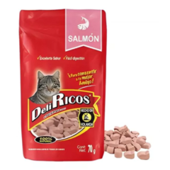 Deliricos Salmón, snack natural y saludable para gatos. Empaque del snack Deliricos Salmón, alimento húmedo natural bajo en calorías para gatos.