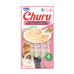  Snack Churu Inaba Atún y Salmón 56g, comida húmeda natural para gatos en presentación de tubo. Churu Inaba Atún y Salmón 56g, snack natural y bajo en calorías para gatos. Ideal para premiar y complementar la dieta de tu gato con ingredientes 100% natural