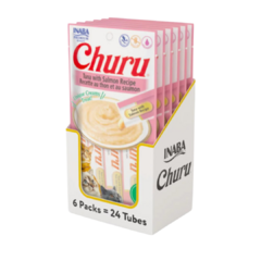 Churu sabor atún y salmón premios para gato Inaba - snack saludable y delicioso para gatos - comprar en lioscat.com, tienda exclusiva para gatos en México. Caja de Churu sabor atún y salmón. Churu Tuna with Salmon.