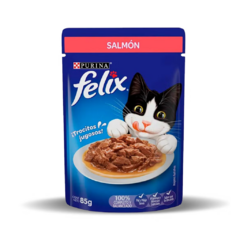 ¡Dale a tu gato la experiencia culinaria que se merece con Purina Felix Sobre Salmón 85g! Este alimento húmedo premium está elaborado con trocitos de salmón en una deliciosa salsa, diseñado especialmente para gatos adultos a partir de un año de edad.