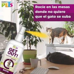 Repelente natural para gatos Fancy Pets Get Out, aplicado en muebles y áreas interiores para evitar marcaje