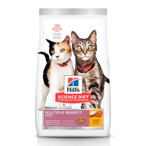 Hill's Science Diet Multiple Benefit, alimento seco para gatos adultos con beneficios multifuncionales. Hill's Science Diet Multiple Benefit, alimento seco multifuncional para gatos adultos que mejora la digestión, controla el peso, reduce las bolas de pe