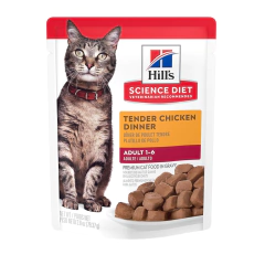 Hill's Science Diet Gato Tender Chicken Dinner 79g, alimento húmedo para gatos adultos con trozos de pollo en salsa. Rico en proteínas, apoya la digestión y la salud del pelaje. Sabor delicioso y fácil de digerir.