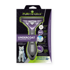 El cepillo FURminator® Undercoat deShedding para gatos medianos y grandes con pelo largo reduce la cantidad procedente de la muda hasta en un 90 %. Además, ayuda a reducir las bolas de pelo.