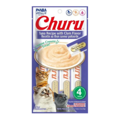  Snack Churu Inaba Atún y Almeja 56g, comida húmeda natural para gatos en presentación de tubo. Churu Inaba Atún y Almeja 56g, snack natural y bajo en calorías para gatos. Ideal para premiar y complementar la dieta de tu gato con ingredientes 100% natural