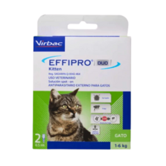 Virbac Effipro Dúo Gatito, solución antiparasitaria para eliminar pulgas y garrapatas en gatos. Virbac Effipro Dúo Cat, solución antiparasitaria para gatos, elimina pulgas y garrapatas y previene nuevas infestaciones por 4 semanas. Fácil de aplicar y segu