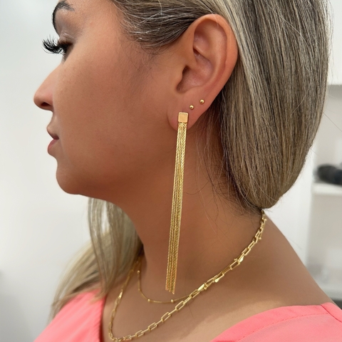 Brinco franjas grande banho ouro 18k
