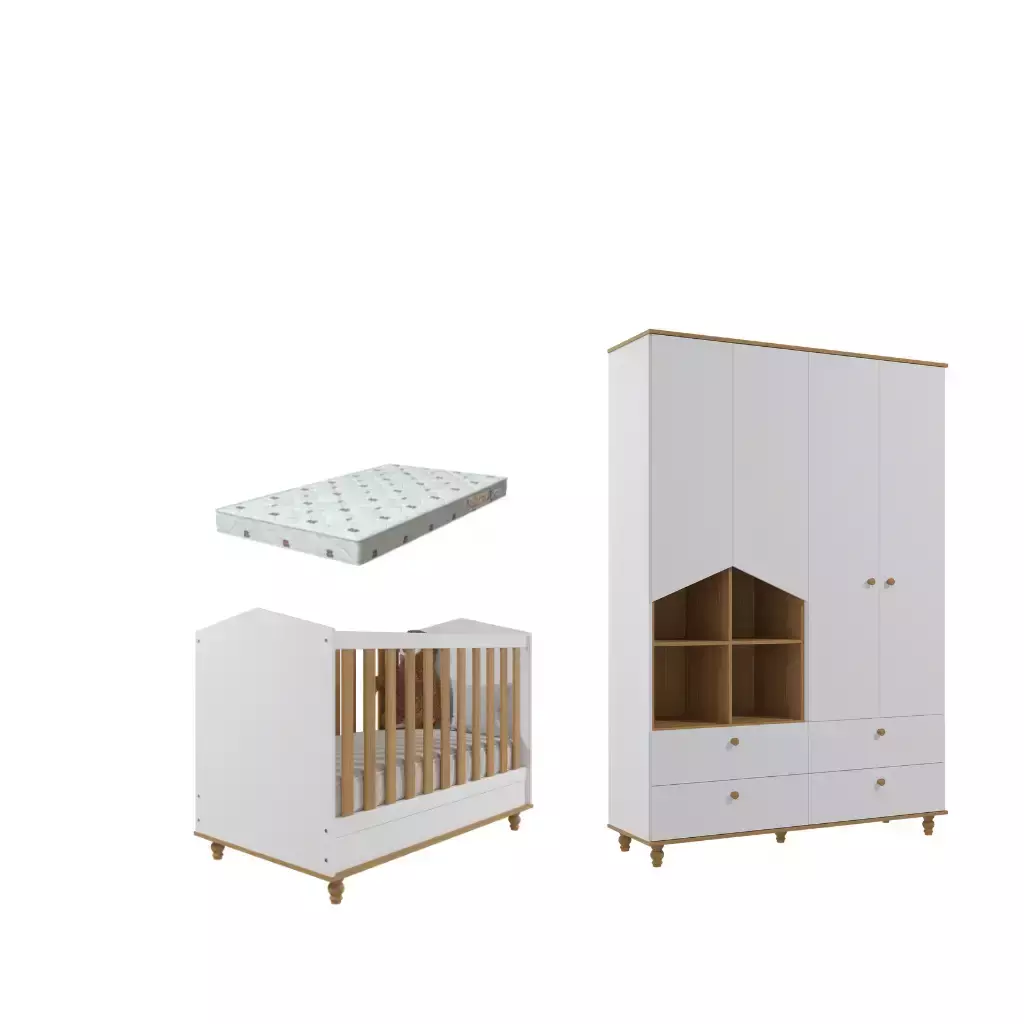 Quarto Bebe Berço Guarda Roupa MDF Dorabelly Sinha Colchão