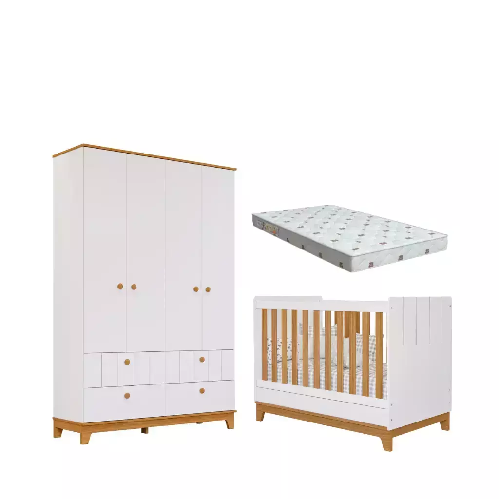 Quarto Bebe Berço e Guarda Roupa Dorabelly Bis com Colchão