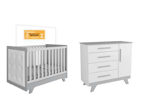 Kit Berço com Capitône e Cômoda Retro Moveis Peroba MDF Branco e Cinza
