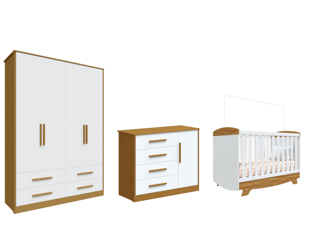 Quarto Completo Bebê Moveis Peroba Cris Charlo MDF 04 portas