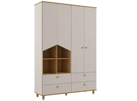 Guarda roupa infantil Permobili casinha com 04 portas em MDF, apresentando prateleiras e gavetas.