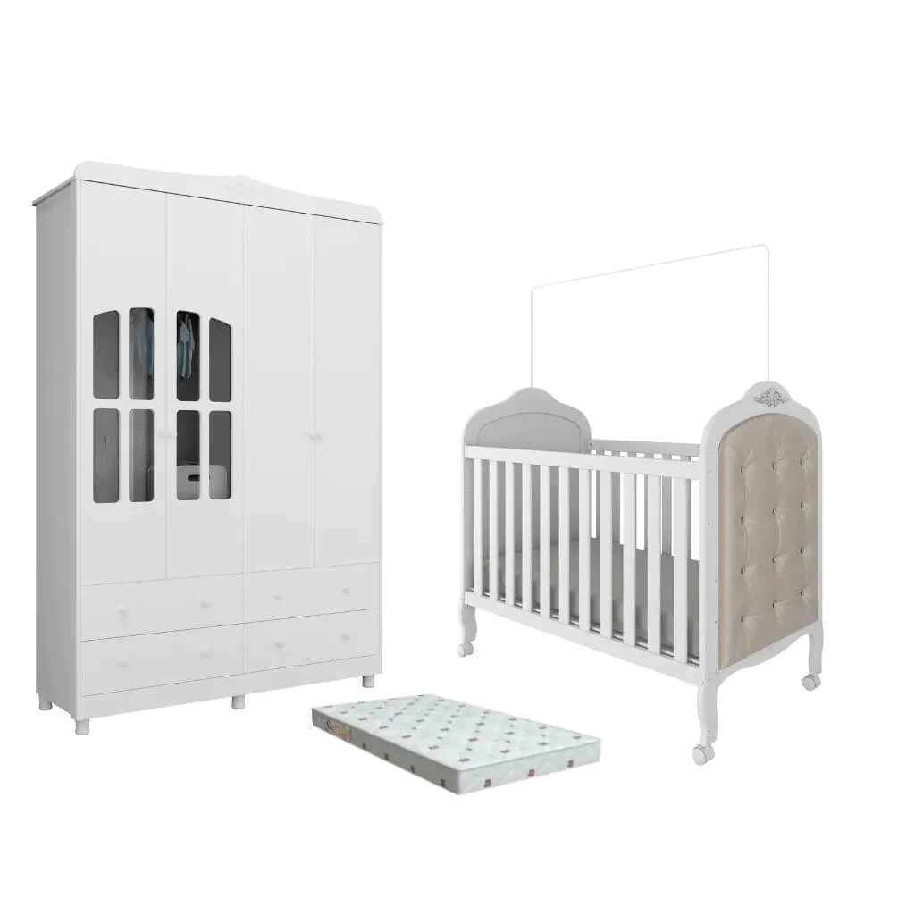 Quarto Bebe Berço e Guarda Roupa MDF Dorabelly Provençal + Colchão