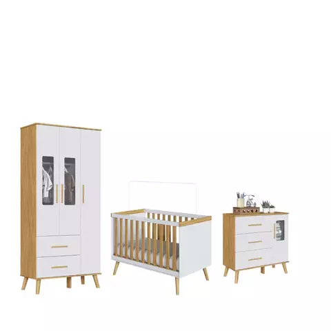 Quarto Completo Bebe Moveis Peroba Sky com Berço americano, Comoda e guarda roupa estilo retro 