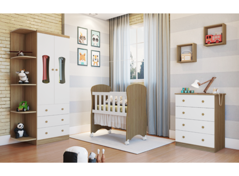 Quarto Completo Bebê Moveis Peroba mini berço Luna MDF
