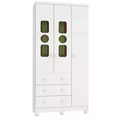 Guarda-roupa infantil Moveis Peroba Tedy branco com três portas e gavetas.