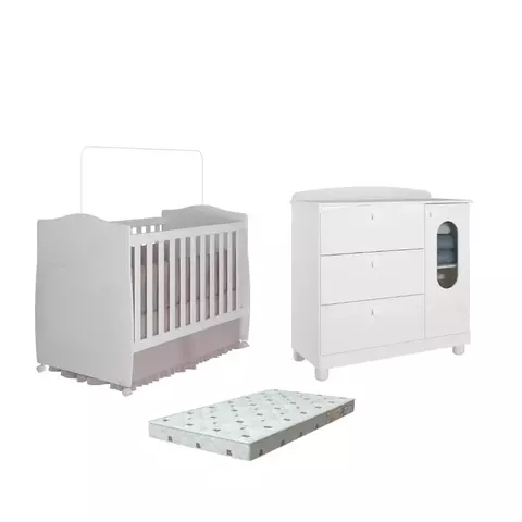 Quarto Bebe Berço e Cômoda Fofura Dorabelly com Colchão