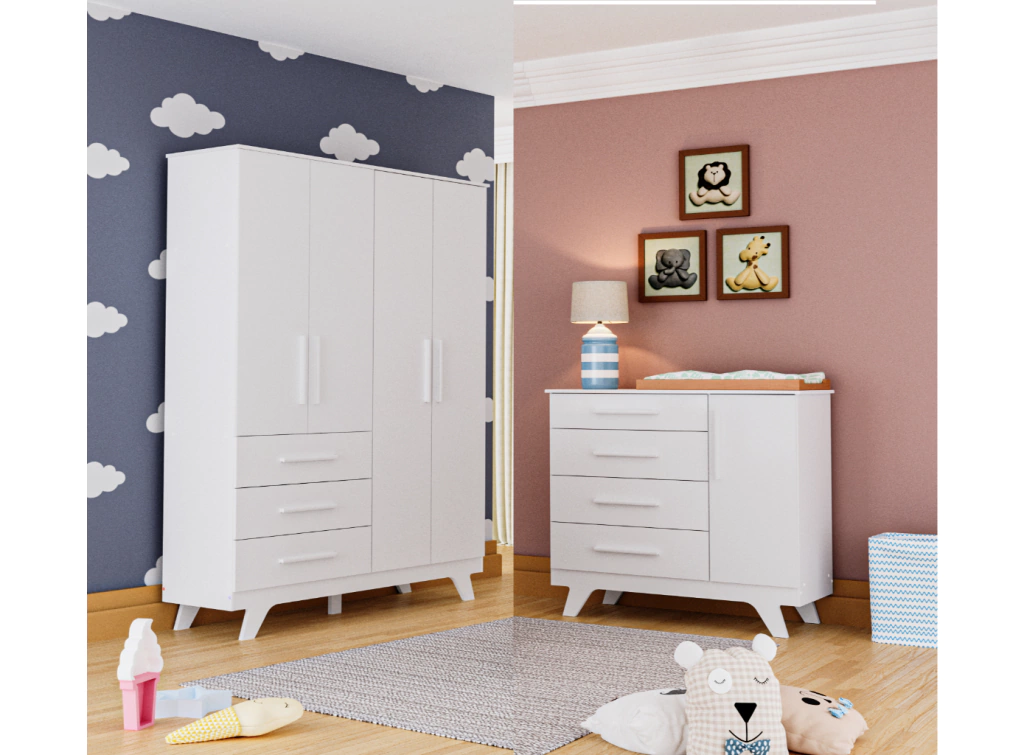 Guarda Roupa e Cômoda Retrô Moveis Peroba MDF 4 portas lisas