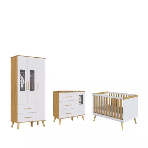 Conjunto de móveis para quarto de bebê, incluindo um berço, uma cômoda e um armário com acabamento em MDF e detalhes em madeira clara.