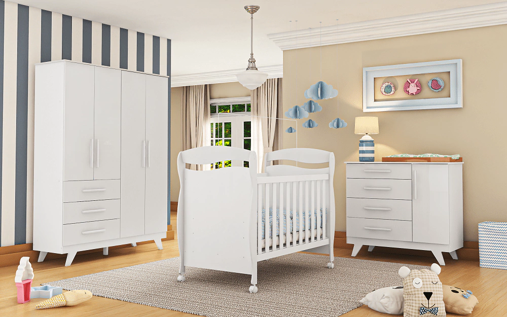 Kit Berço Junior Cômoda e Guarda Roupa 4 Portas Retro Moveis Peroba MDF