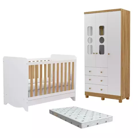Quarto Bebe Berço e Guarda Roupa 3Pt MDF Dorabelly Dyte + Colchão