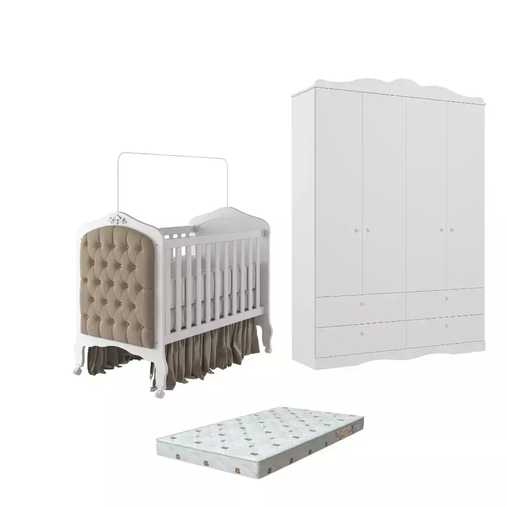 Quarto Bebe Berço e Guarda roupa Canto Dorabelly + Colchão e capitone