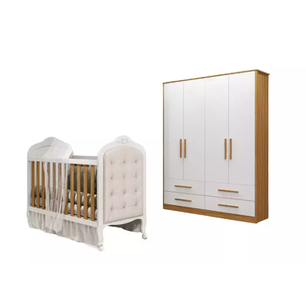 Berço com Capitone e Guarda Roupa Charlo Moveis Peroba MDF