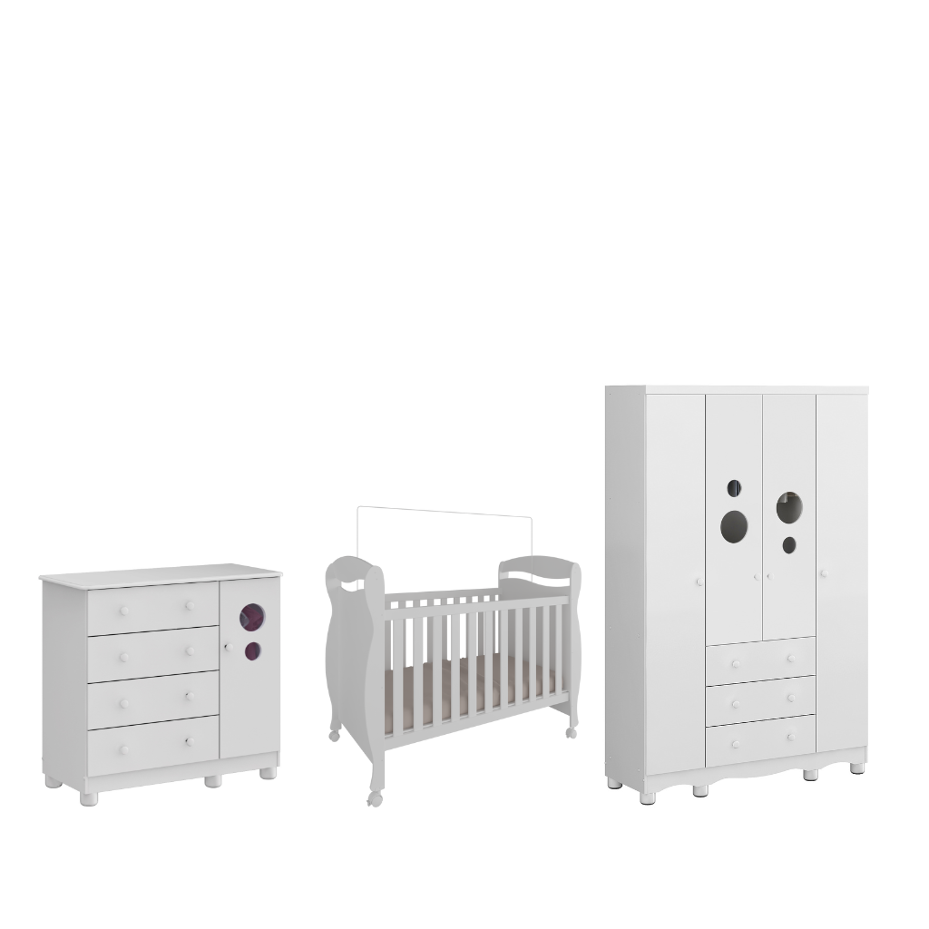 Quarto Completo Bebê Moveis Peroba Bolinha MDF 04 portas
