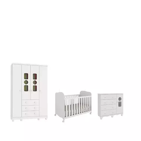 Conjunto de móveis para quarto de bebê, Moveis Peroba Tedy incluindo um berço, um armário de 4 portas e uma cômoda, todos em MDF na cor branca.