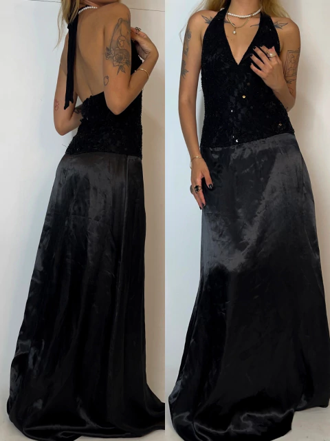 VINTAGE LONG DRESS FLOWERS DARK BLACK C/ APLICAÇÕES HANDMADE