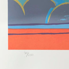 Serigrafia colorida assinada de Cícero Dias mostrando uma mulher de vestido rosa em uma varanda com elementos geométricos e cores vibrantes