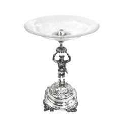 Centro de mesa vintage em prata e cristal do século XIX de Portugal, com base decorada e figura humana segurando o prato de cristal