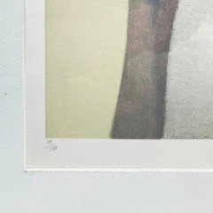 Serigrafia abstrata de Milton Dacosta mostrando figura humana estilizada em tons de cinza e bege, emoldurada em madeira escura