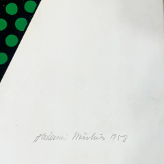 Serigrafia de Aldemir Martins de 1958 mostrando um peixe estilizado em verde e preto com detalhes em amarelo, com assinatura e numeração 93/100