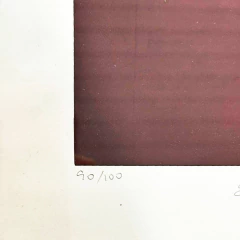 Serigrafia assinada de Antonio Maia mostrando um pássaro azul estilizado sobre fundo marrom com faixas verticais vermelha e amarela