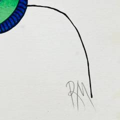 Serigrafia colorida assinada de Roberto Magalhães, retrato abstrato e estilizado de perfil com traços em múltiplas cores vibrantes, moldura branca