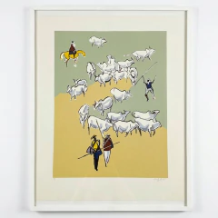 Serigrafia assinada de Carybé com figuras estilizadas de vaqueiros e bois em fundo verde e amarelo