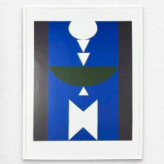 Serigrafia abstrata de Rubem Valentim com formas geométricas em azul, branco e preto