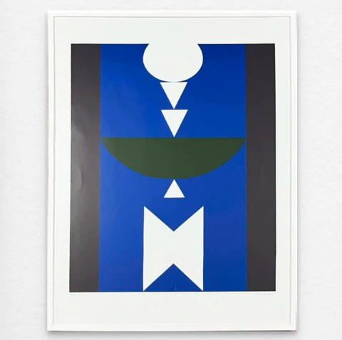 Serigrafia abstrata de Rubem Valentim com formas geométricas em azul, branco e preto